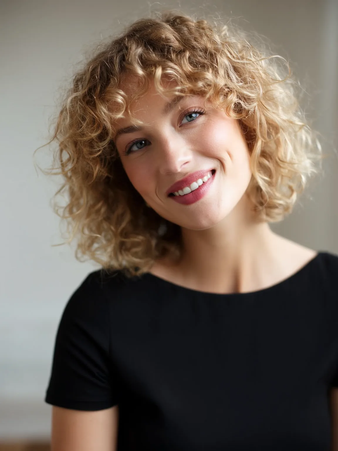 Chin-Length Curly Layers in Honey Blonde